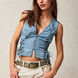 Free People Lala Lace Up Vest Light Indigo